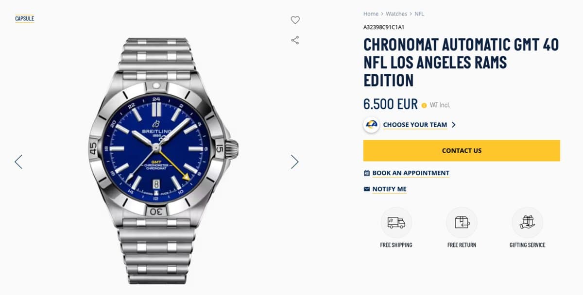 Breitling * CHRONOMAT AUTOMATIC GMT 40 NFL LOS ANGELES RAMS EDITION A32398C91C1A1 НА БРАСЛЕТЕ С СИНИМ ЦИФЕРБЛАТОМ