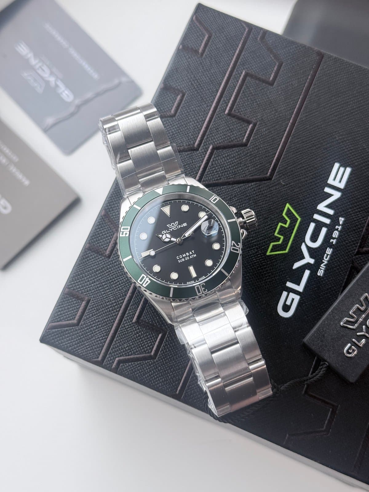 Glycine COMBAT QUARTZ GL1061 ЧЁРНЫЙ ЦИФЕРБЛАТ, ЗЕЛЁНЫЙ БЕЗЕЛЬ, САПФИР, ЦИКЛОП, ОТЛИЧНЫЙ СТАЛЬНОЙ БРАСЛЕТ! 2