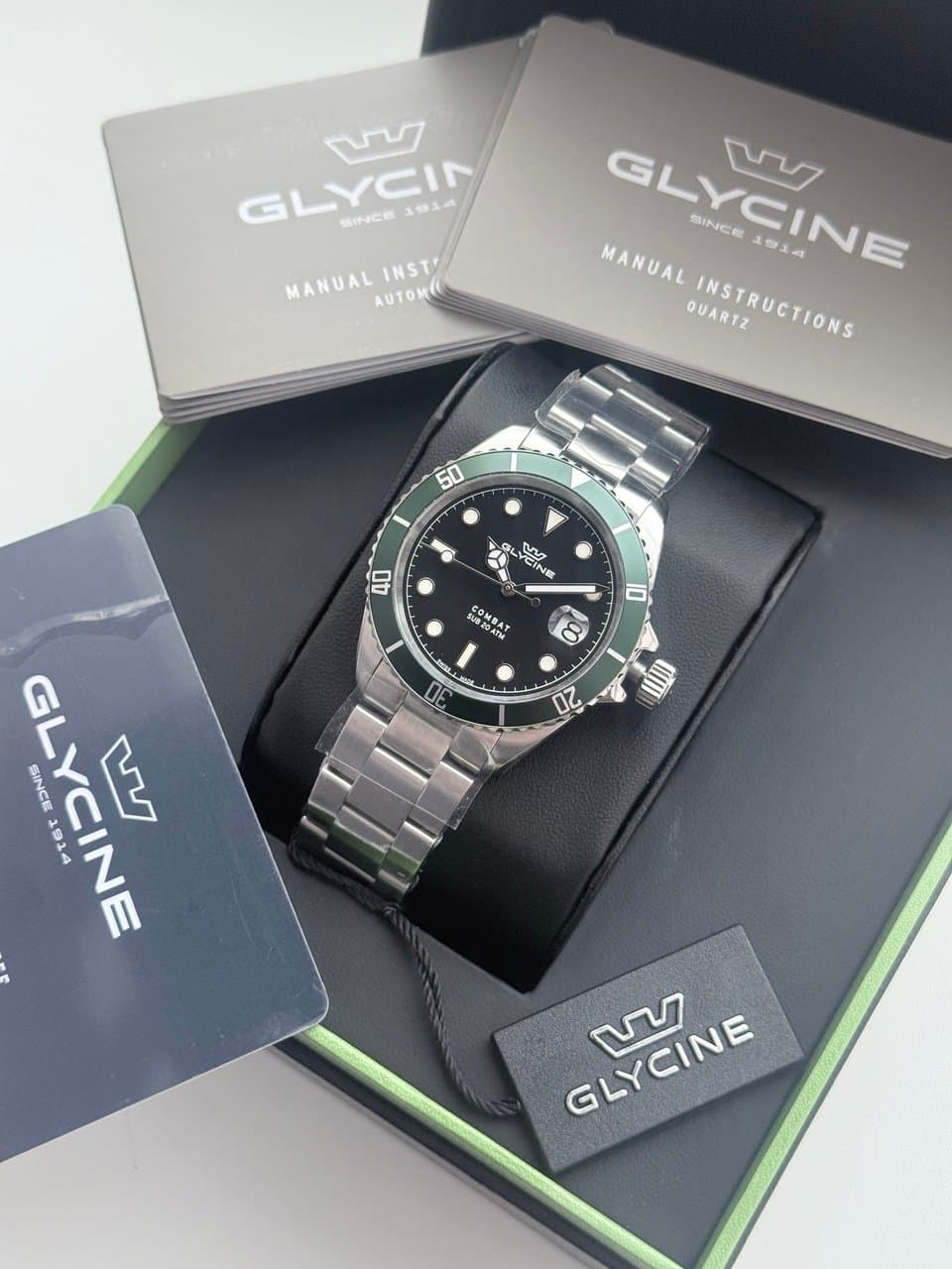 Glycine COMBAT QUARTZ GL1061 ЧЁРНЫЙ ЦИФЕРБЛАТ, ЗЕЛЁНЫЙ БЕЗЕЛЬ, САПФИР, ЦИКЛОП, ОТЛИЧНЫЙ СТАЛЬНОЙ БРАСЛЕТ! 3