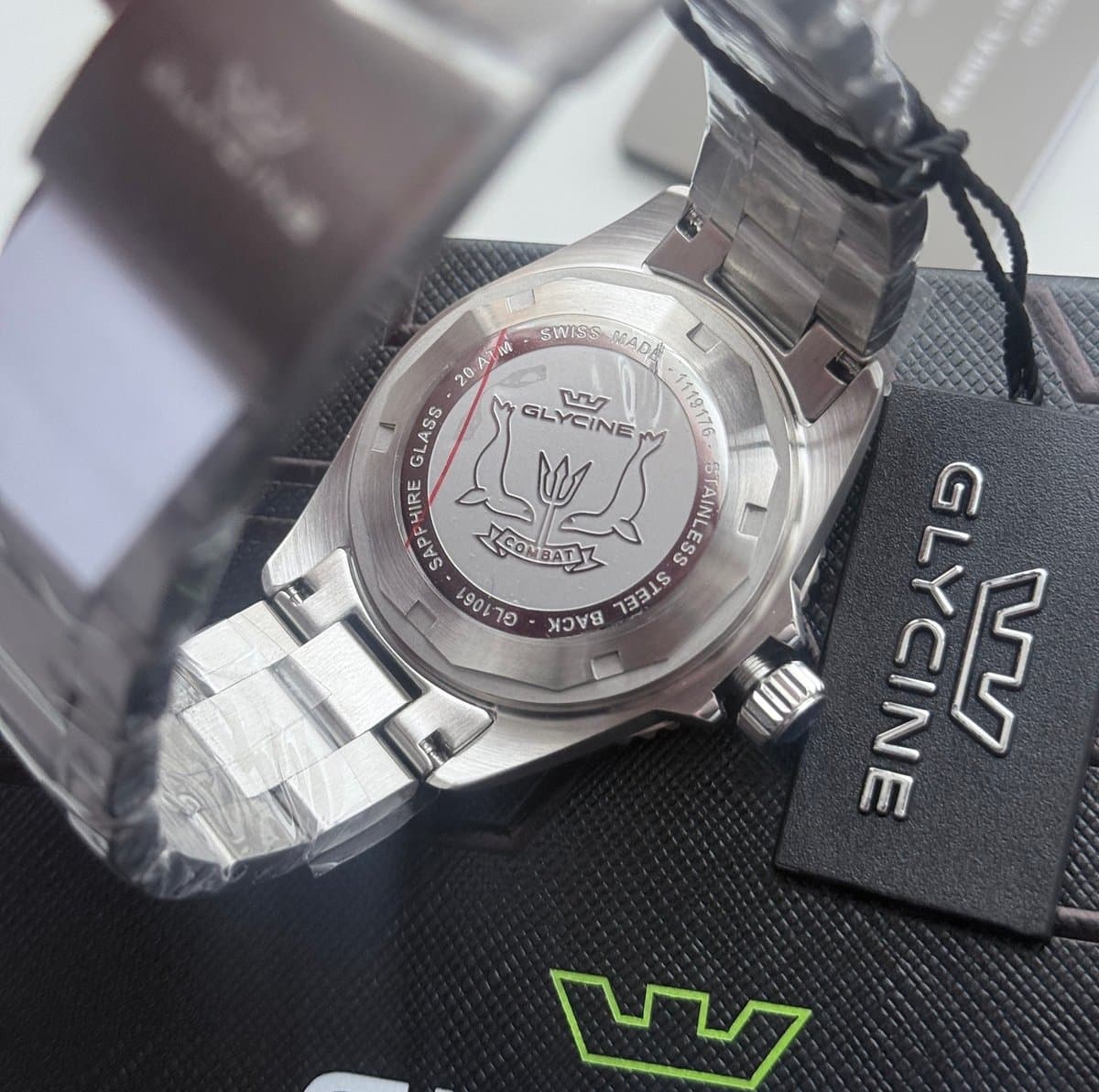 Glycine COMBAT QUARTZ GL1061 ЧЁРНЫЙ ЦИФЕРБЛАТ, ЗЕЛЁНЫЙ БЕЗЕЛЬ, САПФИР, ЦИКЛОП, ОТЛИЧНЫЙ СТАЛЬНОЙ БРАСЛЕТ! 8